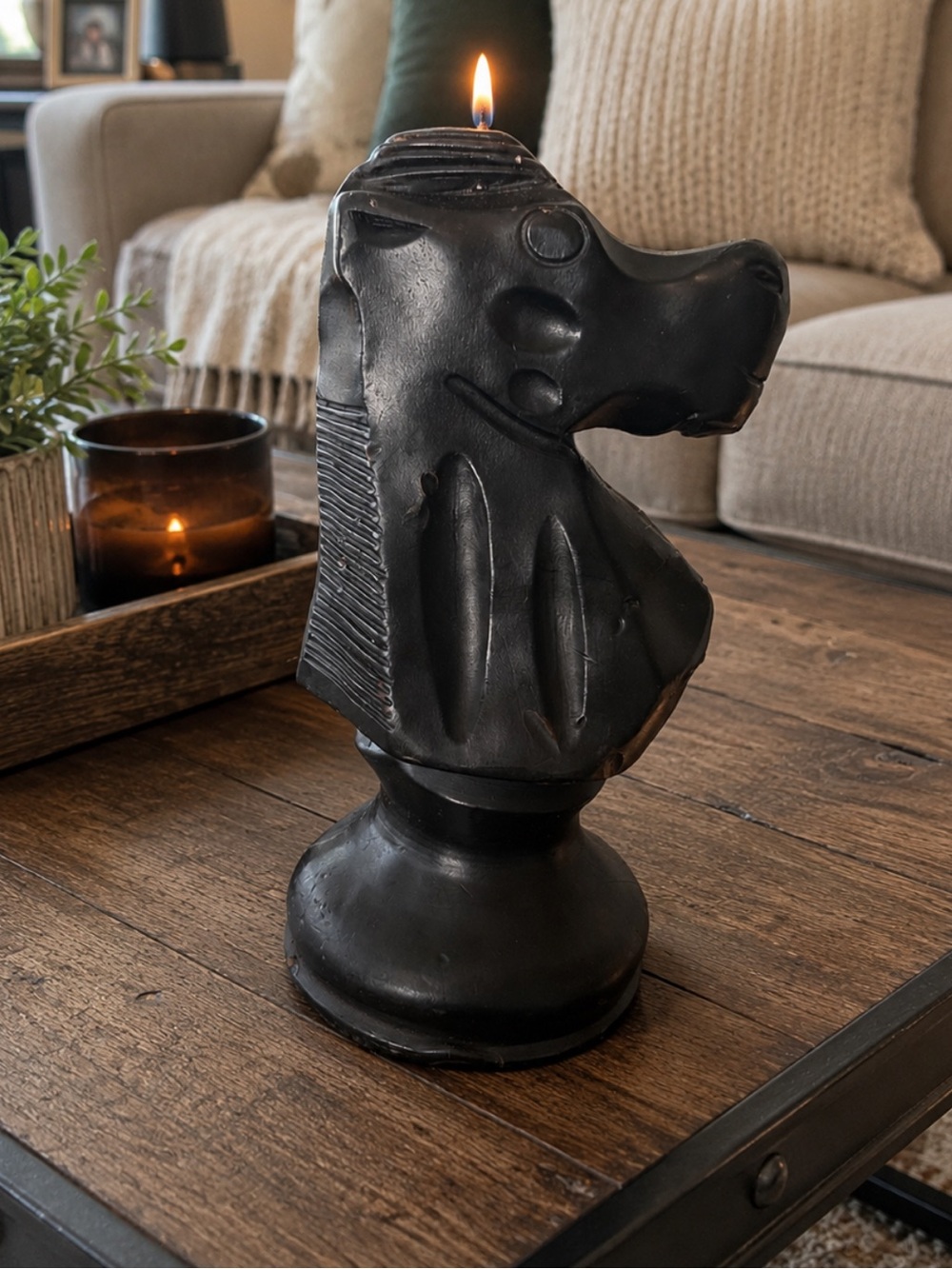 Vintage Black Chess Knight Candle – 10” Tall